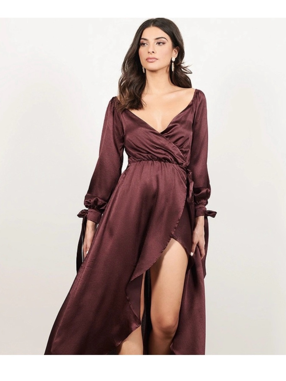 Tobi Burgundy Satin Wrap Maxi Dress
